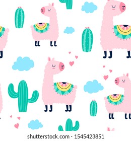 Vector sketch llama seamless pattern for boys. Hand-drawing vector.