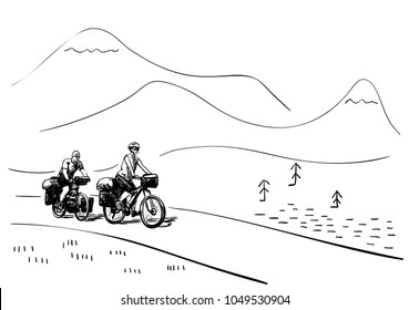 Vector sketch of long distance cycling couple riding on cartoon mountain landscape background, Adventure and vacations concept, Hand drawn illustration