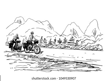 Vector sketch of long distance cycling couple riding on background of karst mountain landscape, Adventure and vacations concept, Hand drawn illustration