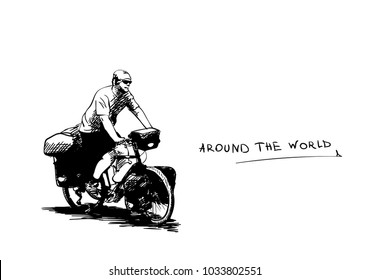 Vector sketch of long distance cyclist, Hand drawn illustration isolated on white background