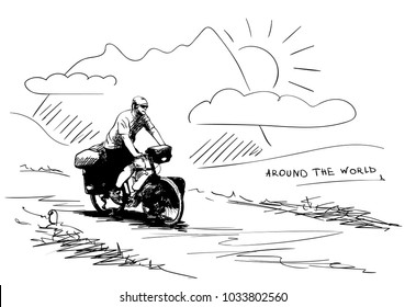 Vector sketch of long distance cyclist travel around the world by bicycle in cartoon style mountain landscape, Hand drawn illustration