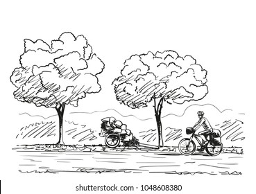Vector sketch of long distance cyclist travel around the world by bike, Hand drawn illustration