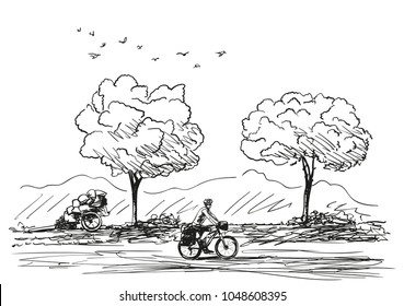 Vector sketch of long distance cyclist travel around the world by bike, Hand drawn illustration