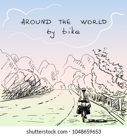 Vector sketch of long distance female cyclist travel around the world by bicycle on background of karst mountain landscape, Hand drawn illustration