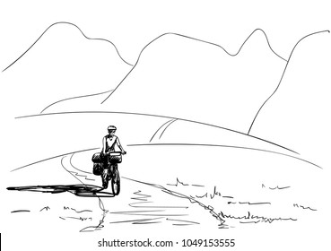 Vector sketch of long distance female cyclist travels around the world by bicycle on cartoon doodle hills and mountains landscape, Hand drawn illustration