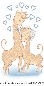 Vector sketch of lovers of gentle newlyweds  Honeymooners giraffes cartoon hand painted in tender lines, in pastel colors