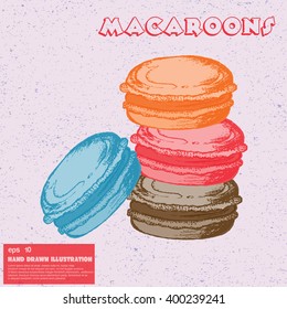 Vector sketch of macaroons. Hand drawn illustration in line art style. Print design with french macaroons.