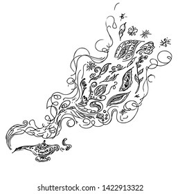 Vector sketch magic genies lamp. Set of floral elements. Magic oil lamp line and solid icon, outline and filled vector sign. Hand drawn illustration.