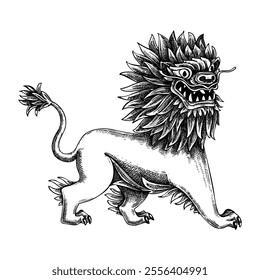 Vector sketch of magical lion in Chinese style. Hand-drawn fantastic animal character vector illustration. NOT AI generated