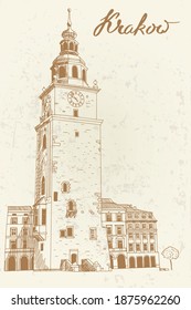 vector sketch of The main square of the Old Town of Krakow, Poland.