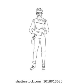 Vector sketch male teen student jumping. Man in modern casual outfit, jeans, bowtie, glasses holding books, shoulder bag. University college character isolated monochrome black, white illustration