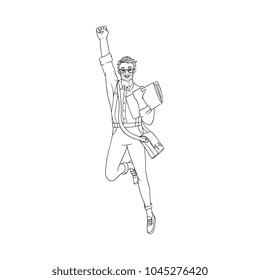 Vector sketch male teen student jumping. Man in modern casual outfit, jeans, glasses, bowtie holding books, shoulder bag. University college character isolated monochrome illustration white background