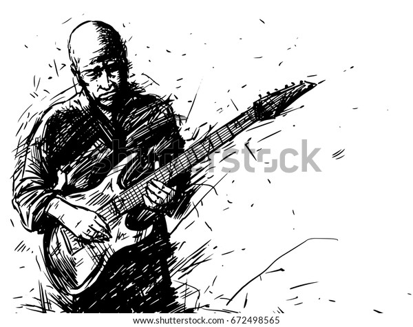 エレキギターを持つ男性のベクター画像スケッチ 白黒のイラストの背景に音楽ポスター のベクター画像素材 ロイヤリティフリー