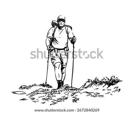 Vector sketch of a man hiking with backpack and trekking poles in nature, symbolizing adventure, travel, outdoor exploration, wilderness and active lifestyle