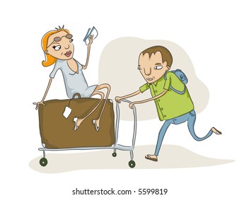 vector sketch of  man pushing an overloaded baggage cart