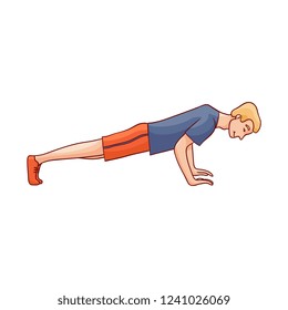 Vector sketch man in red shorts, tshirt doing push-ups exercise. Male sportsman character athlete doing strength workout training on chest muscles. Healthy lifestyle