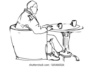  vector sketch of a man at the round table in a cafe drinking coffee