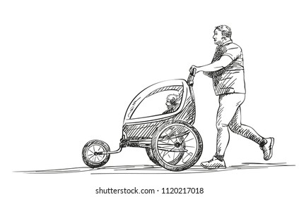 Esbozo vectorial de Hombre corriendo con niño en un cochecito de footing, ilustración dibujada a mano con sombras rayadas