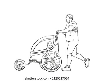 Vector sketch of Man running with child in jogging stroller, Hand drawn linear illustration