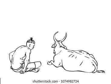 Esbozo vectorial del hombre sentado al lado de la vaca, ilustración lineal dibujada a mano, Amistad entre hombres y animales