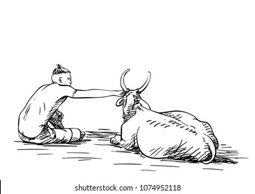 Vector sketch of man touching cow head, Hand drawn illustration, People and animal friendship