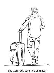 Vector sketch of man traveler with suitcase view from back, Travel concept, Hand drawn line art illustration