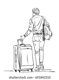 Vector sketch of man traveler with suitcase view from back, Travel concept, Hand drawn line art illustration