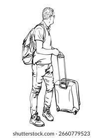 Vector sketch of a man walking with backpack and suitcase, dressed casually, ready to travel, minimalist black and white style