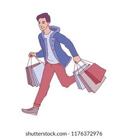 Vector sketch man in winter outdoor clothing running holding shopping bags with purchases made during seasonal store clearance and discounts. Male character with goods for christmas, new year