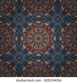 Vector sketch. Mandala abstract colorful gray, orange and blue background. Decorative arabic round lace ornate mandala. Vintage seamless pattern for print. Invitation, wedding card, national design.