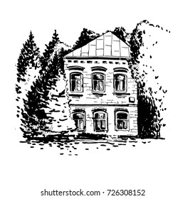 Vector sketch of mansion among the trees, hand drawn house at park