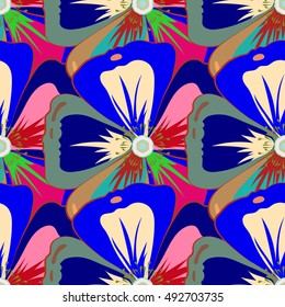 Vector sketch of many abstract colored flowers. Hand drawn seamless illustration.