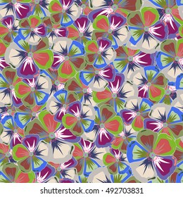 Vector sketch of many abstract colored flowers. Hand drawn seamless illustration.