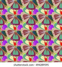 Vector sketch of many abstract colored flowers. Hand drawn seamless illustration.