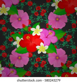 Vector sketch with many abstract colored flowers on a gray background. Hand drawn seamless flower illustration. Abstract seamless floral background.