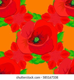 Vector sketch with many abstract colored flowers on a orange background. Hand drawn seamless flower illustration. Abstract seamless floral background.