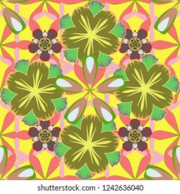 Vector sketch of many abstract flowers in pink, yellow and green colors. Seamless pattern abstract floral background. Hand drawn seamless flower illustration.