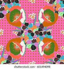 Vector sketch of many abstract flowers in blue and pink colors. Hand drawn seamless flower illustration. Seamless pattern abstract floral background.