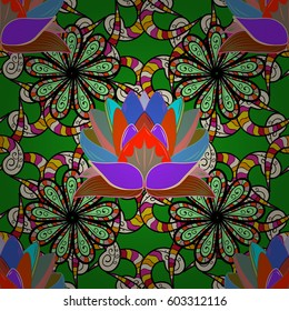 Vector sketch of many abstract flowers in colors. Seamless pattern abstract floral background.