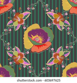 Vector sketch of many abstract flowers in blue and green colors. Hand drawn seamless flower illustration. Seamless pattern abstract floral background.