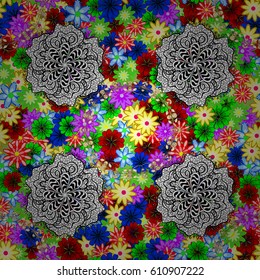Vector sketch of many abstract flowers in colors. Hand drawn seamless flower illustration. Seamless pattern abstract floral background.