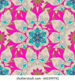 Vector sketch of many abstract flowers in blue colors. Hand drawn seamless flower illustration. Seamless pattern abstract floral background.