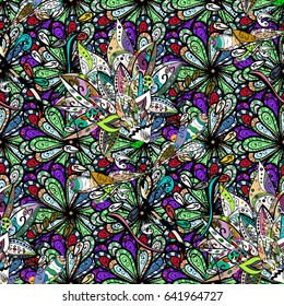 Vector sketch of many abstract flowers in blue colors. Hand drawn seamless flower illustration. Seamless pattern abstract floral background.