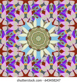 Vector sketch of many abstract flowers in blue colors. Hand drawn seamless flower illustration. Seamless pattern abstract floral background.