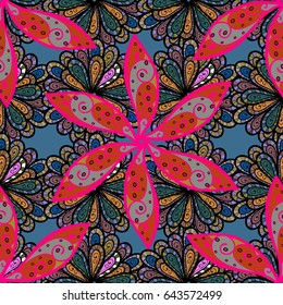 Vector sketch of many abstract flowers in blue colors. Hand drawn seamless flower illustration. Seamless pattern abstract floral background.