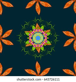 Vector sketch of many abstract flowers in blue colors. Hand drawn seamless flower illustration. Seamless pattern abstract floral background.