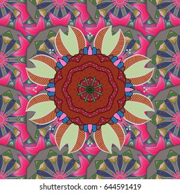 Vector sketch of many abstract flowers in blue and pink colors. Hand drawn seamless flower illustration. Seamless pattern abstract floral background.