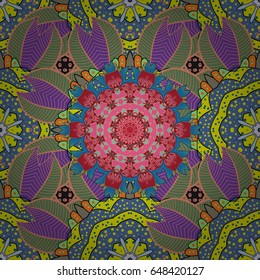 Vector sketch of many abstract flowers in blue colors. Hand drawn seamless flower illustration. Seamless pattern abstract floral background.