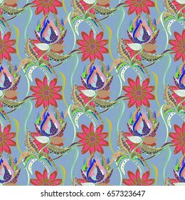 Vector sketch of many abstract flowers in pink colors. Hand drawn seamless flower illustration. Seamless pattern abstract floral background.