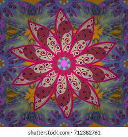 Vector sketch of many abstract flowers in blue, magenta and neutral colors. Hand drawn seamless flower illustration. Seamless pattern abstract floral background.